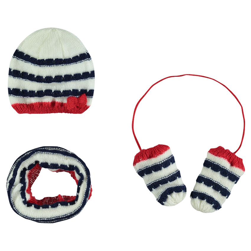 Conjunto de gorro, bufanda y manoplas de punto a rayas 