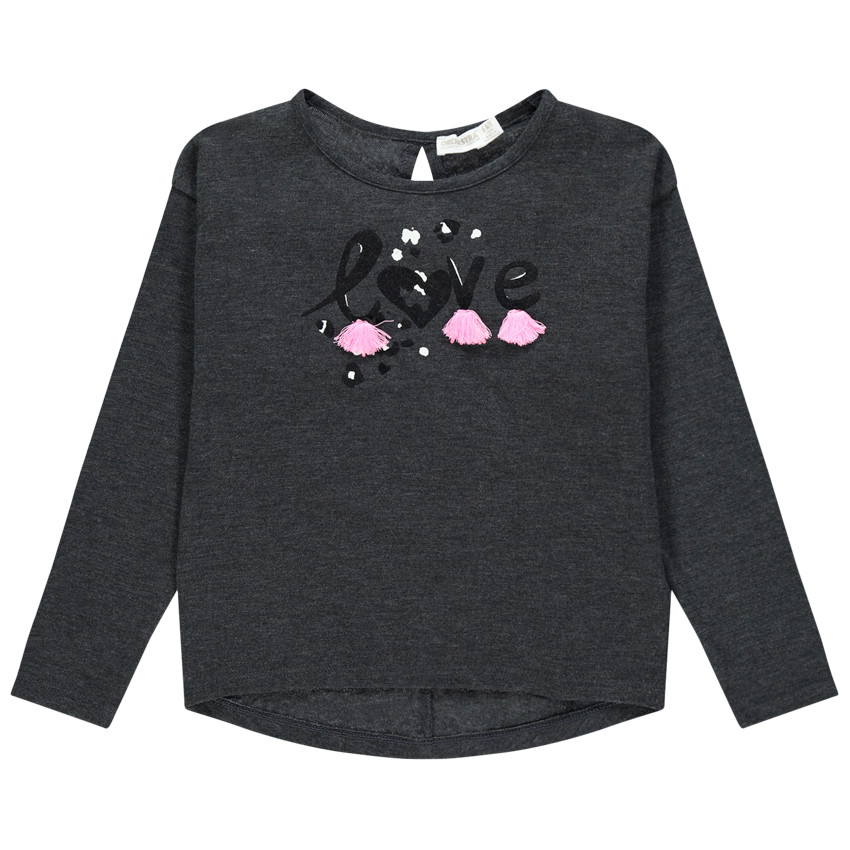 Camiseta manga larga jaspeada con mensaje y pompones 