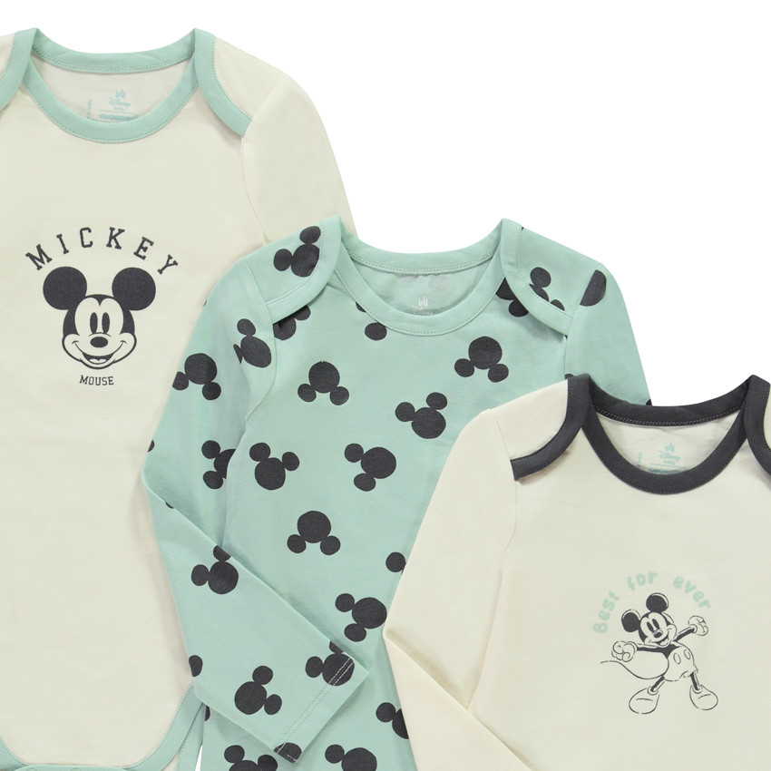 Pack de 3 bodies de manga larga Mickey Disney para bebé con diferentes aperturas según la edad. 