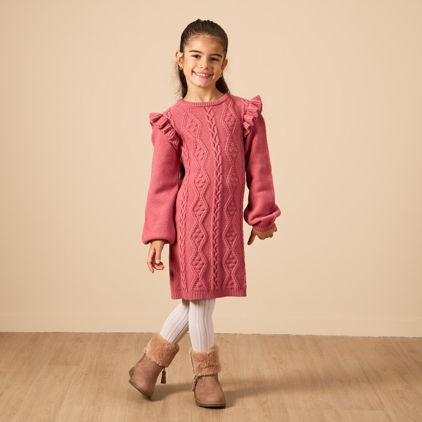 Vestido de punto con volantes y mangas largas para niña 