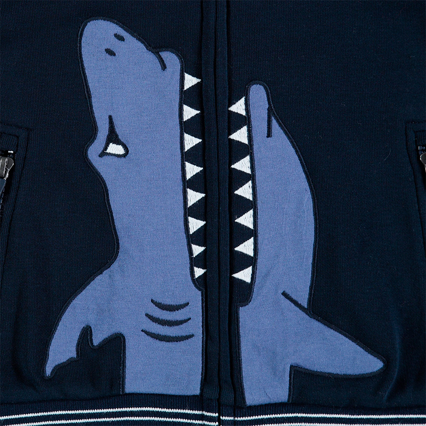 Chaqueta de felpa de estilo teddy con tiburón bordado y bolsillos con cremallera 