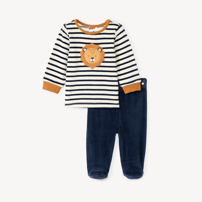 Pijama de 2 piezas en terciopelo a rayas para bebé niño con acabados según la edad 