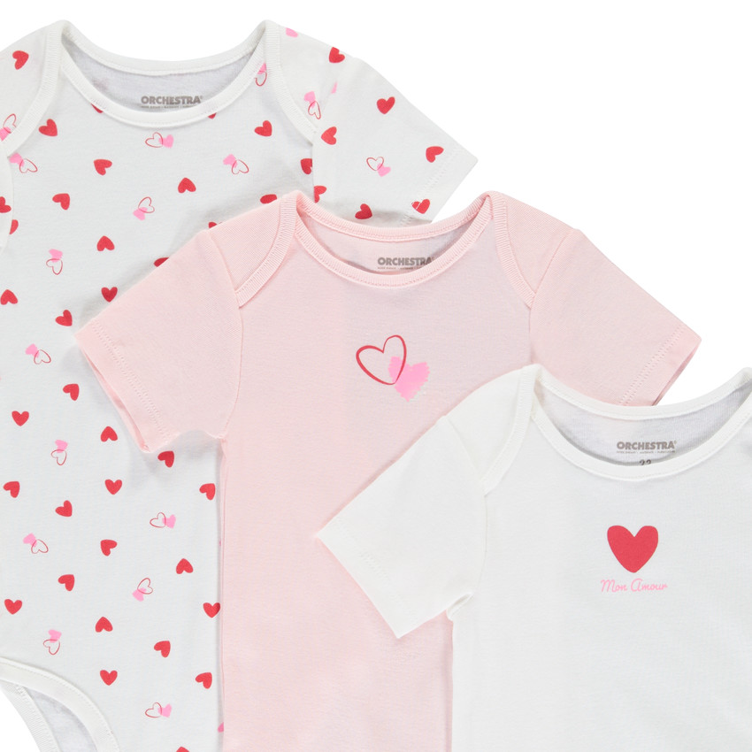 Lote de 3 Bodies de manga corta con fantasía de corazones para bebé niña 