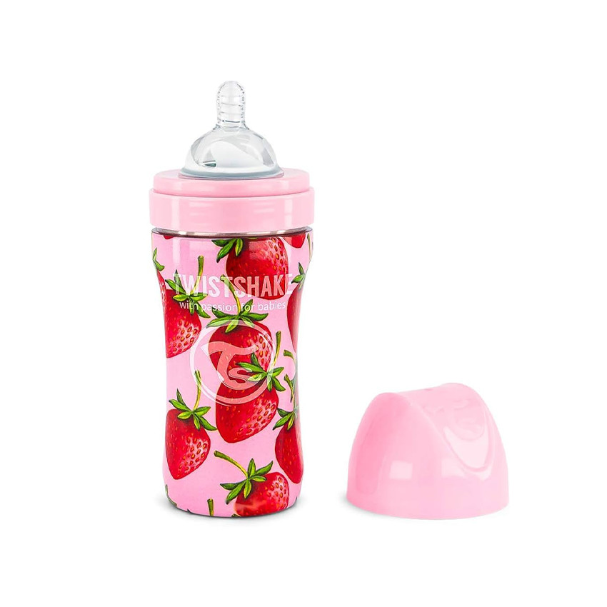 Biberón anticólicos de acero motivo fresas 330 ml 