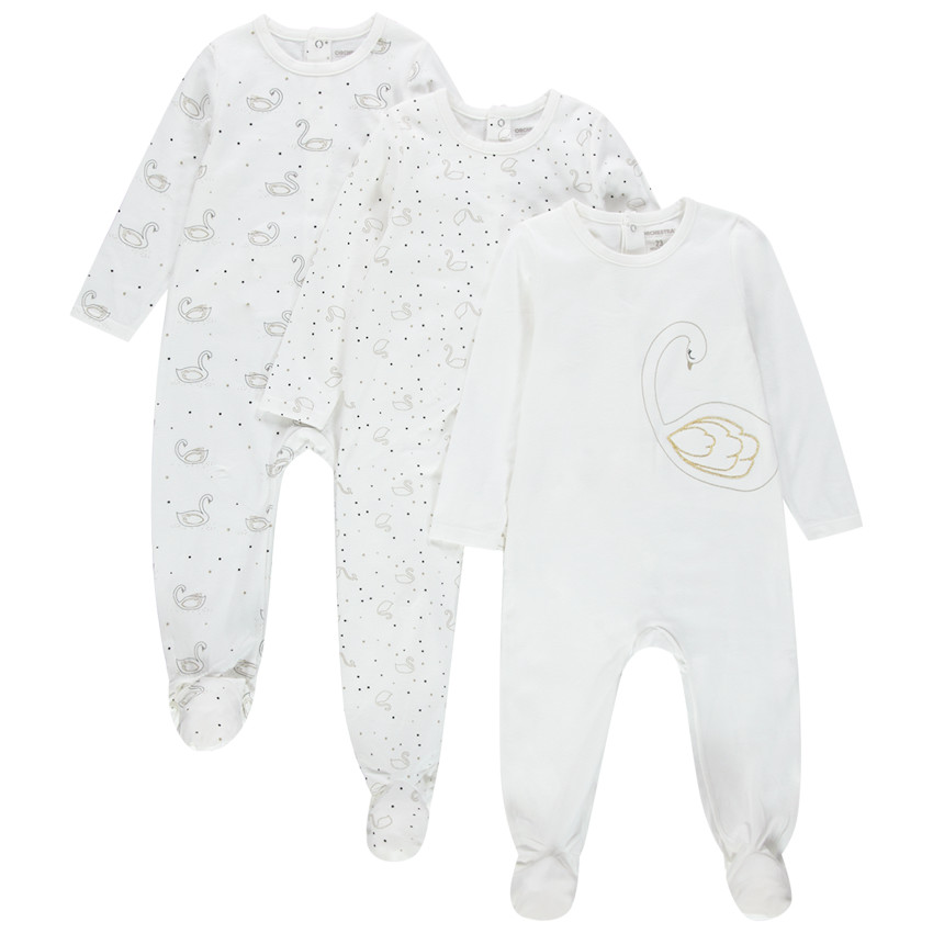 Pack de 3 peleles de jersey para bebé niña con estampado de cisnes  Additional Pack de 3 peleles de jersey para bebé niña con estampado de cisnes