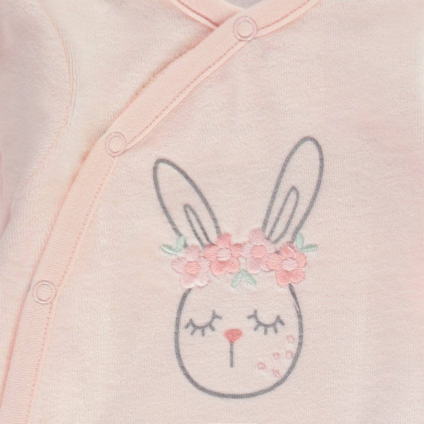 Set pelele en terciopelo + body + babero estampado conejos para bebé niña 