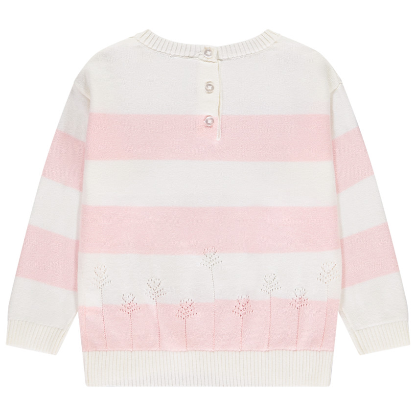 Suéter de punto a rayas con flores caladas para niña. 
