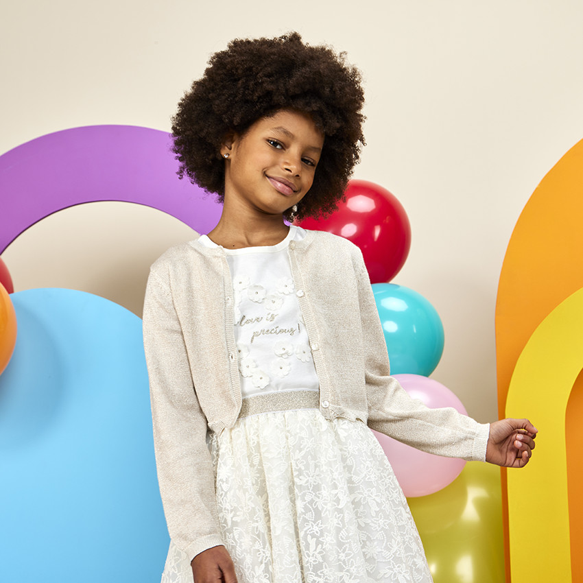 Camiseta manga corta de tul y flores 3D para niña 