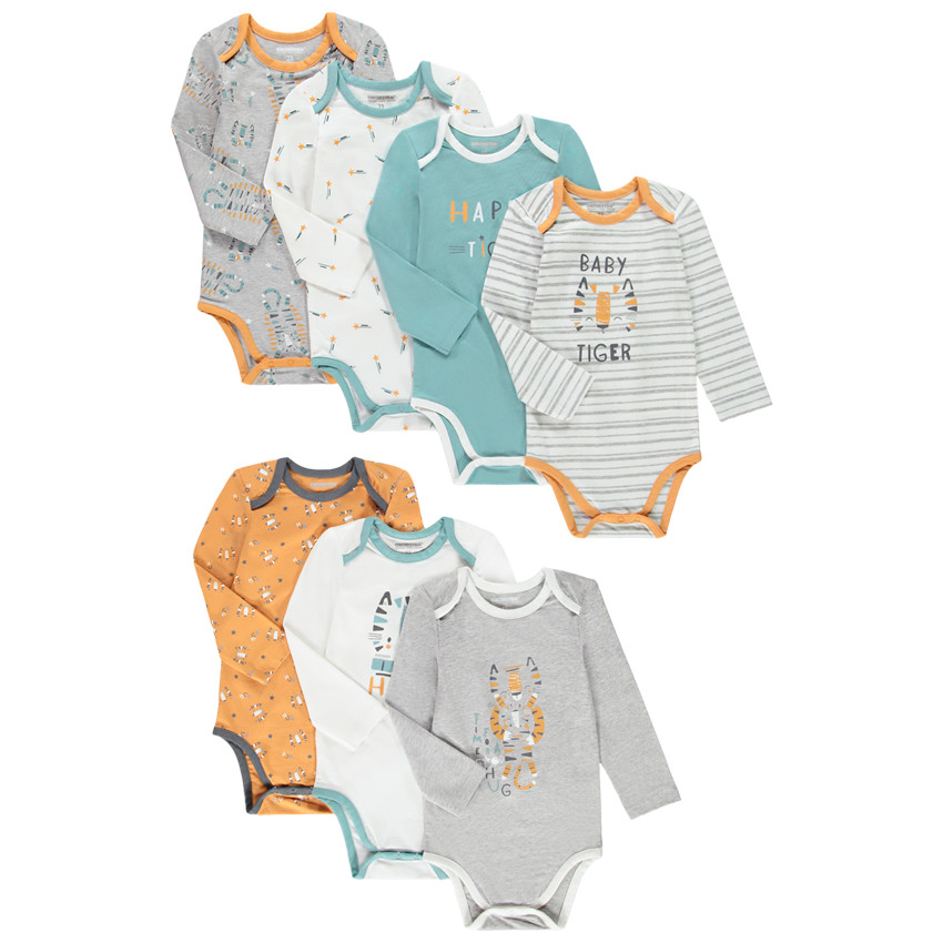 Pack de 7 bodies de manga larga estampados con tigres para bebé niño 