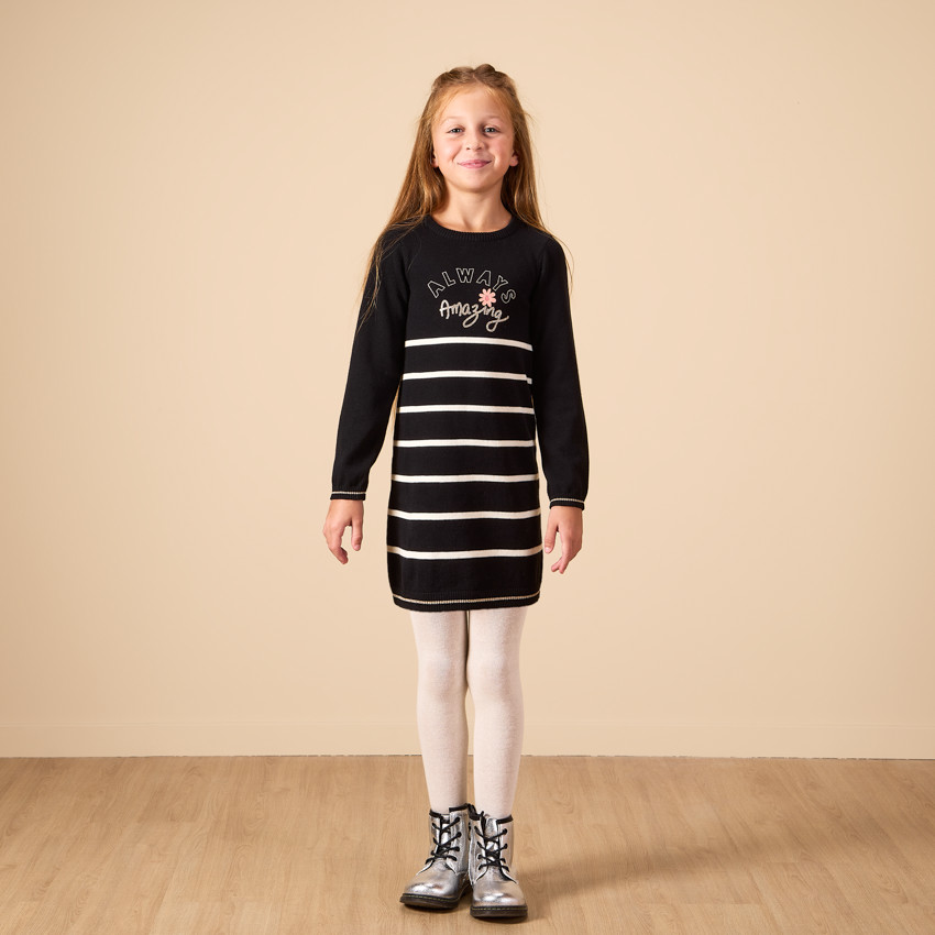 Vestido de punto con estampado brillante y rayas para niña 