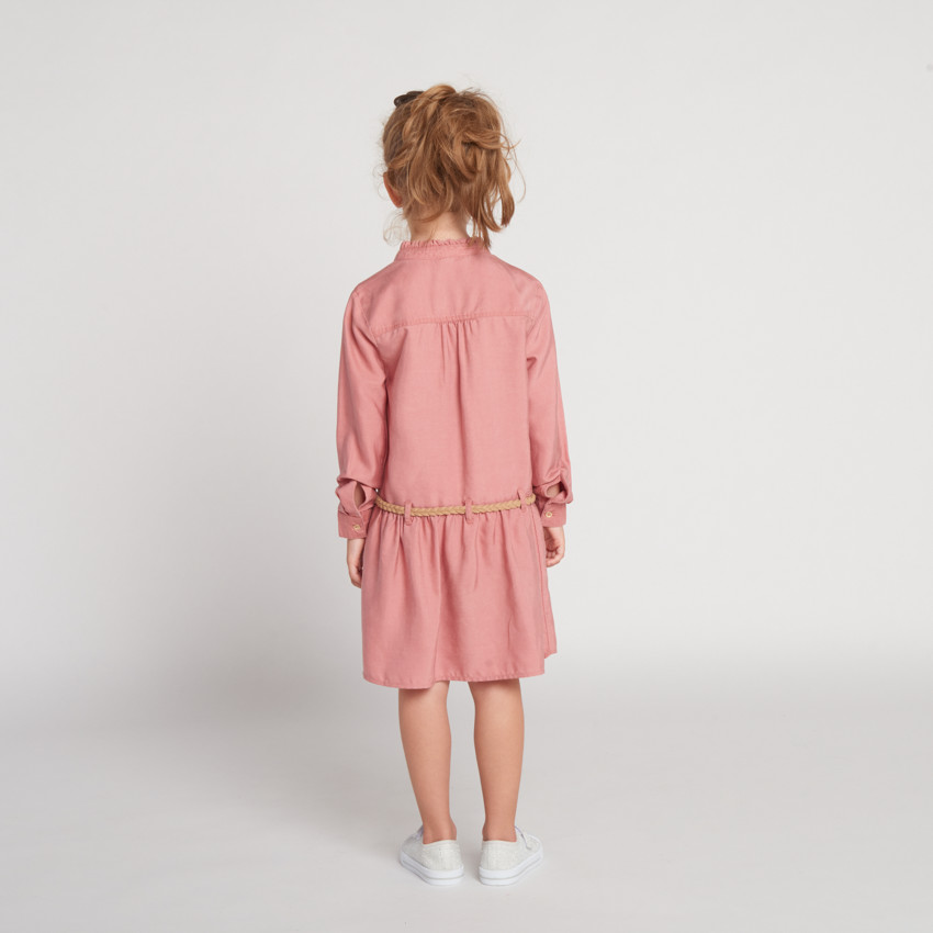 Vestido de manga larga estilo camisa con cinturón trenzado para niña 
