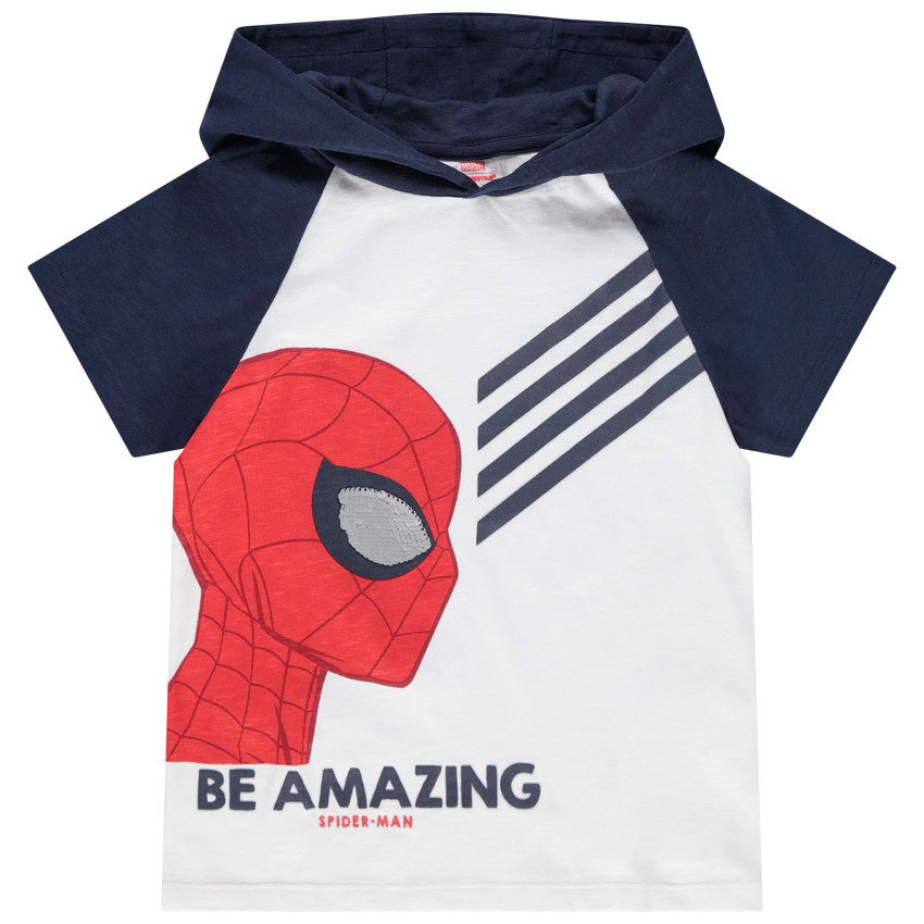 Camiseta de manga corta con capucha y estampado de Spiderman y ojo de lentejuelas mágicas 