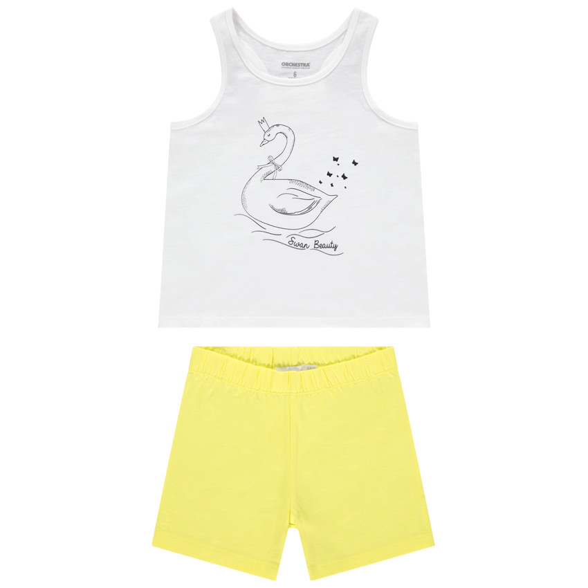 Conjunto de tirantes con estampado de cisne y short amarillo 