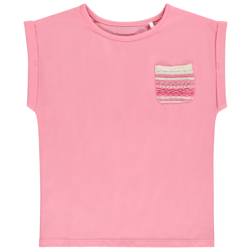 Camiseta manga corta con bolsillo fantasía de crochet para niña 
