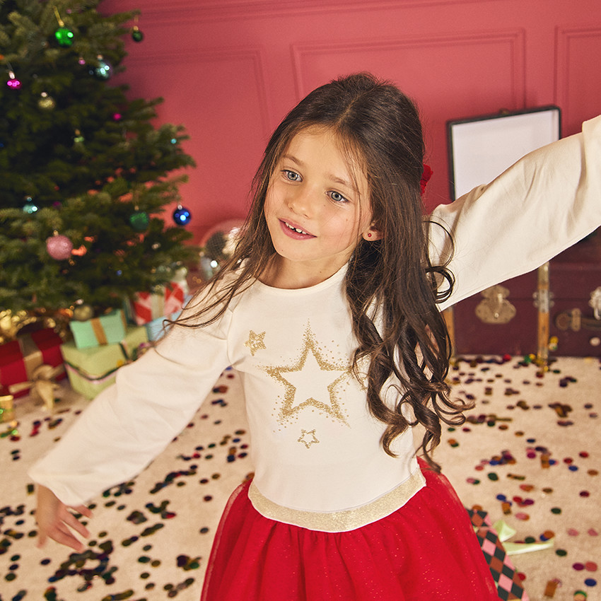 Vestido de fiesta de manga larga efecto 2 en 1 de bi-materia para niña 