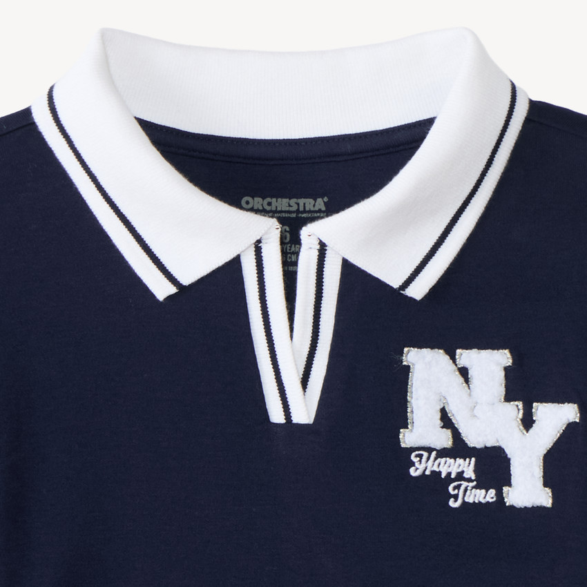 Camiseta de niña de mangas largas estilo polo con parche "NY". 