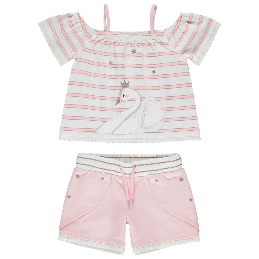 Conjunto con top de rayas print cisne y pantalon corto rosa  Additional Conjunto con top de rayas print cisne y pantalon corto rosa