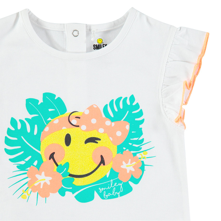 Conjunto de camiseta con estampado ©Smiley y pantalón corto de rayas 