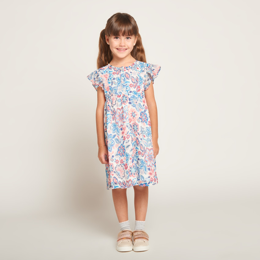 Vestido de manga corta con volante y estampado para niña 