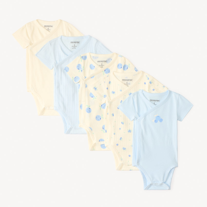 Lote de 5 bodies con motivos de arándanos para bebé niña con diferentes aberturas según la edad. 