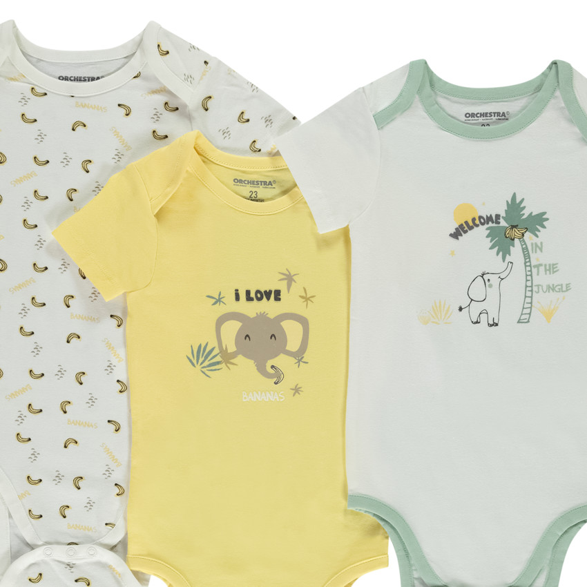 Lote de 5 bodies de manga corta fantasía para bebé con diferentes aperturas según la edad 