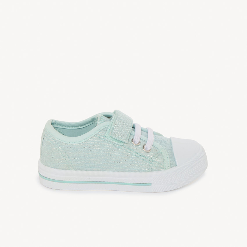Zapatillas bajas azules claras brillantes con velcro y cordones para niña 