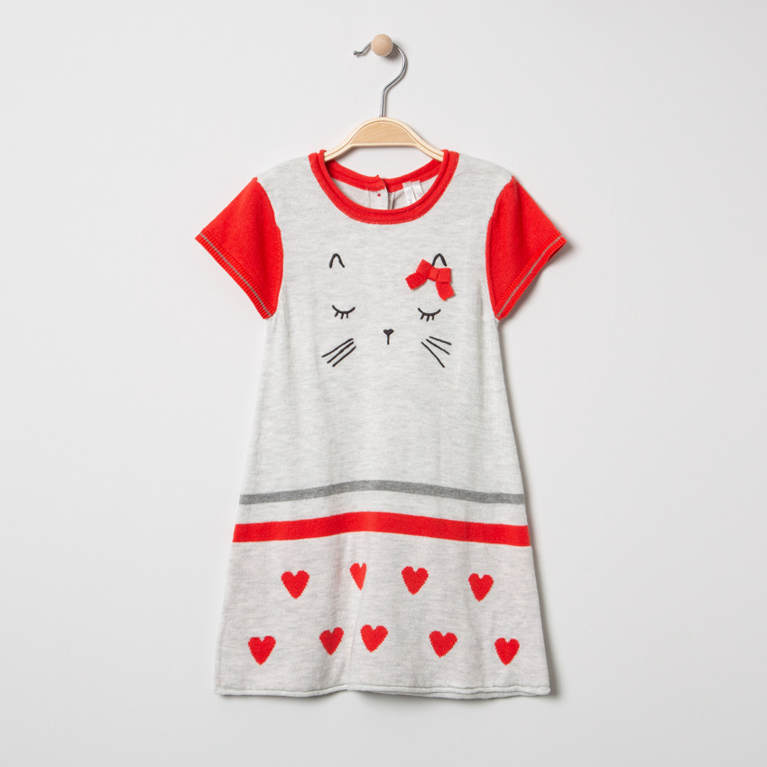 Vestido de manga corta de punto con gatos y corazones de jacquard 