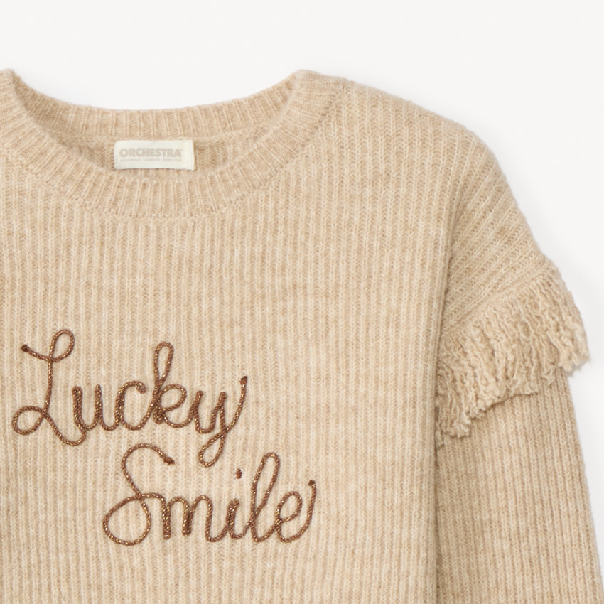 Jersey de punto acanalado con flecos y cordón para niña 