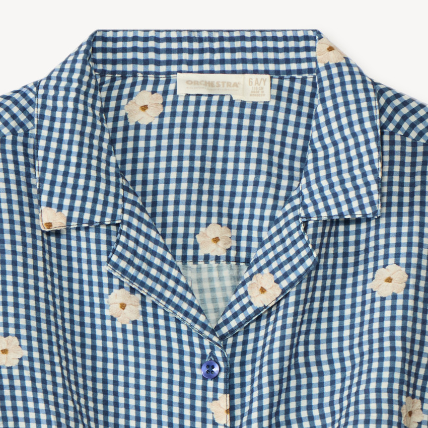 Camisa de cuadros de manga corta con bordado de flores para niña 