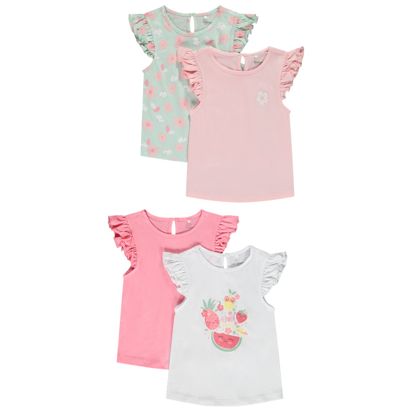 Pack de 4 camisetas de manga corta con volantes para bebé niña 