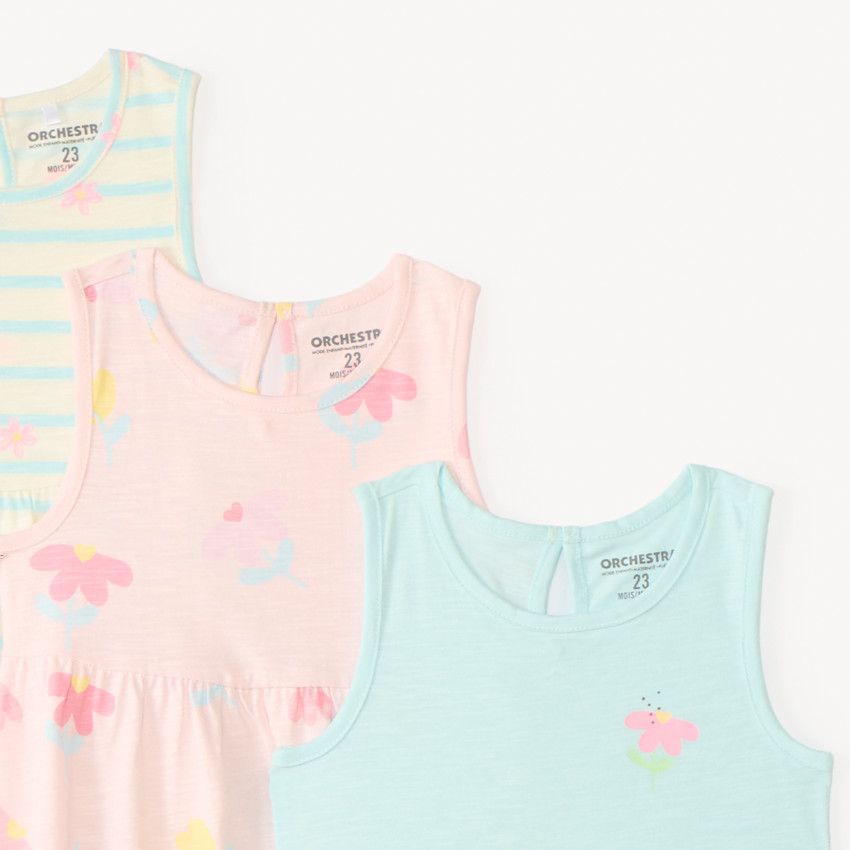 Conjunto de 3 vestidos sin mangas con estampado floral para niña bebé. 