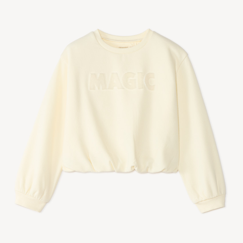 Sudadera de niña de felpa con base elástica y bordado de strass. 