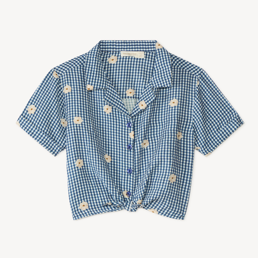 Camisa de cuadros de manga corta con bordado de flores para niña 
