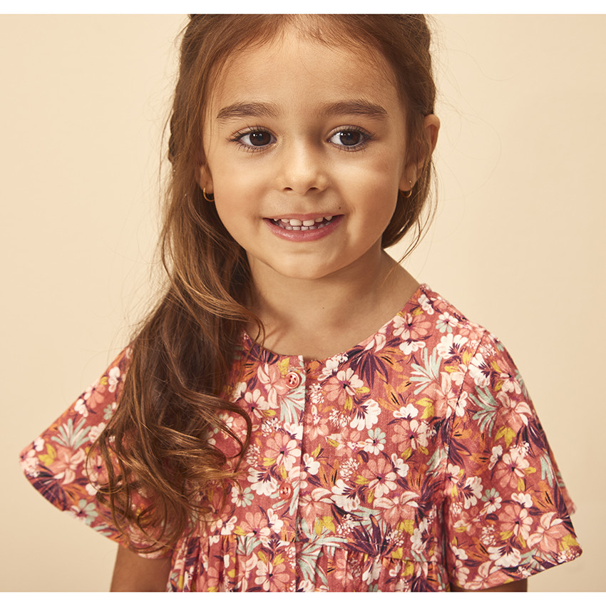 Vestido de manga corta en tela estampada de flores para niña bebé 