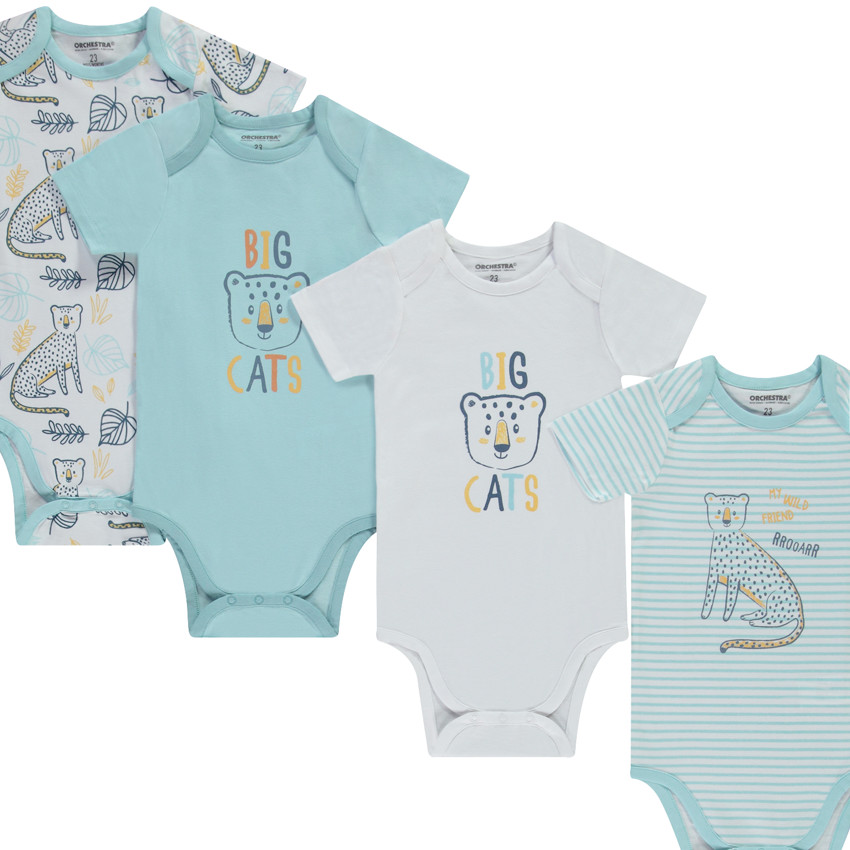 Lote de 7 bodies manga corta motivos felinos para bebé niño con diferentes aperturas según la edad 