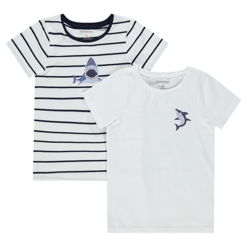 Juego de 2 camisetas interiores de punto de rayas/liso con estampado de tiburón 