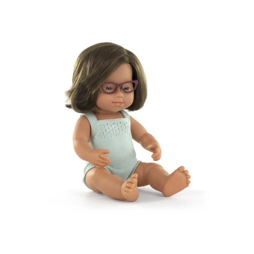Muñeca Miniland Dolls 38cm Colourful Edition con Síndrome de Down y gafas. 