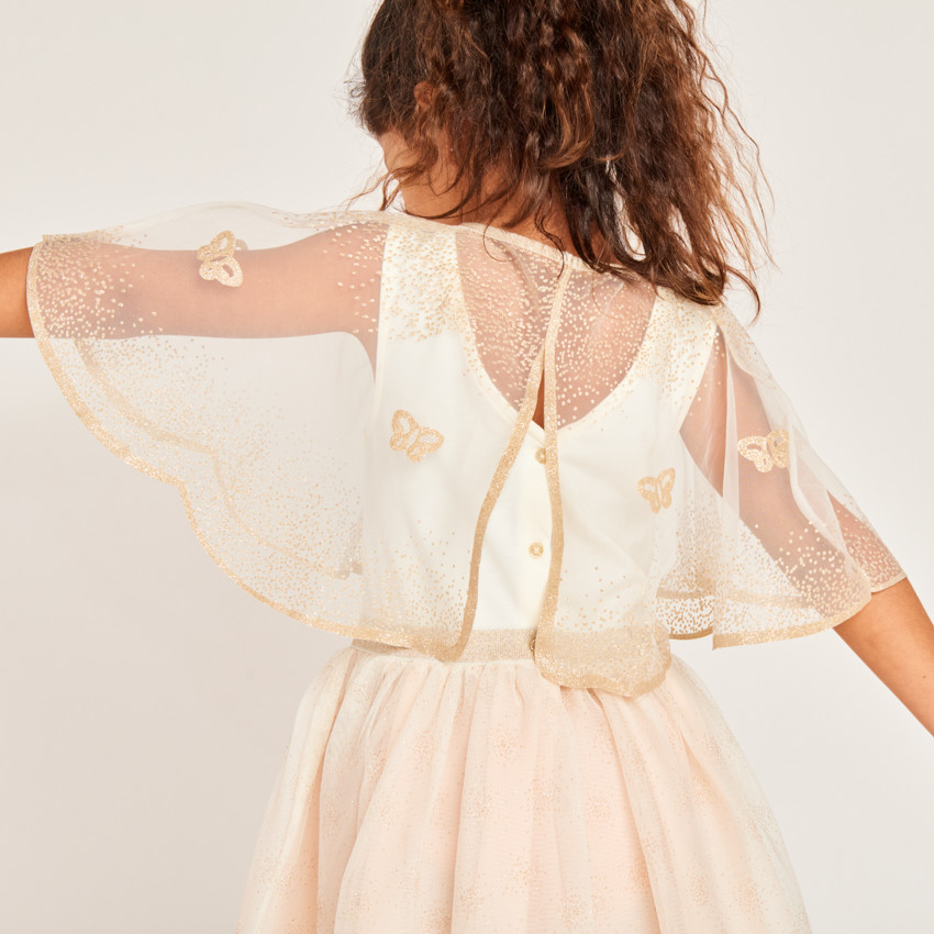 Vestido sin mangas de dos materiales con capa de mariposa para niña 