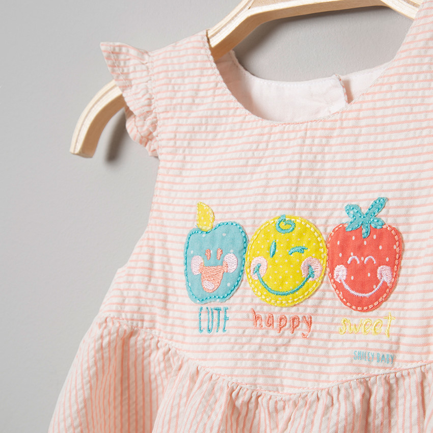 Robe manches courtes rayée à  broderies Smiley 