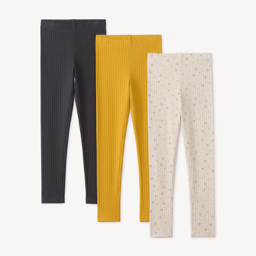 Lote de 3 leggings de niña de canalé, lisos y estampados. 