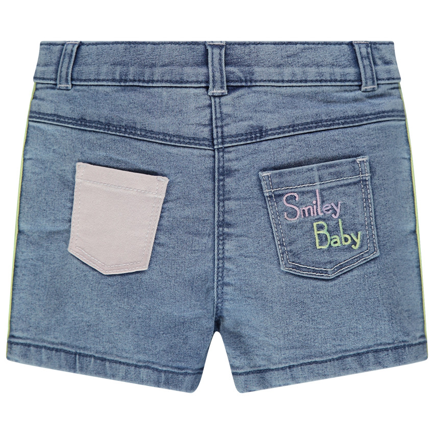 pantalon corto  vaquero efecto used à bandas contrastadas y Badges Smiley  Additional pantalon corto  vaquero efecto used à bandas contrastadas y Badges Smiley