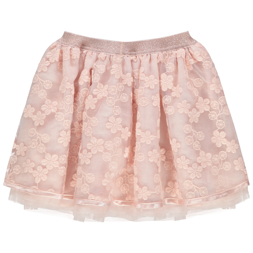 Falda corta de tul con flores bordadas y cintura brillante 