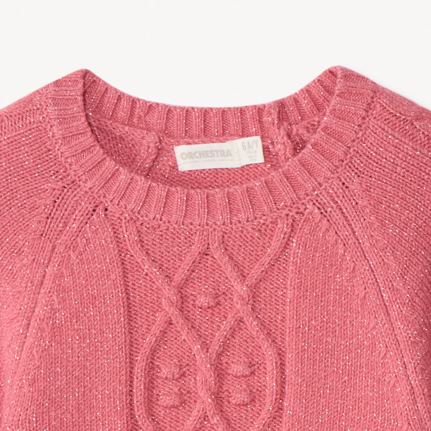 Pull manches longues en tricot torsades et lurex pailleté pour fille  