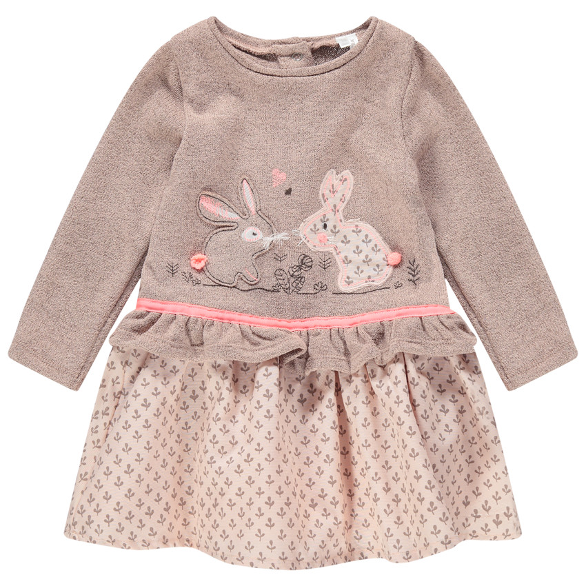 Vestido de manga larga efecto 2 en 1 con conejos bordados 