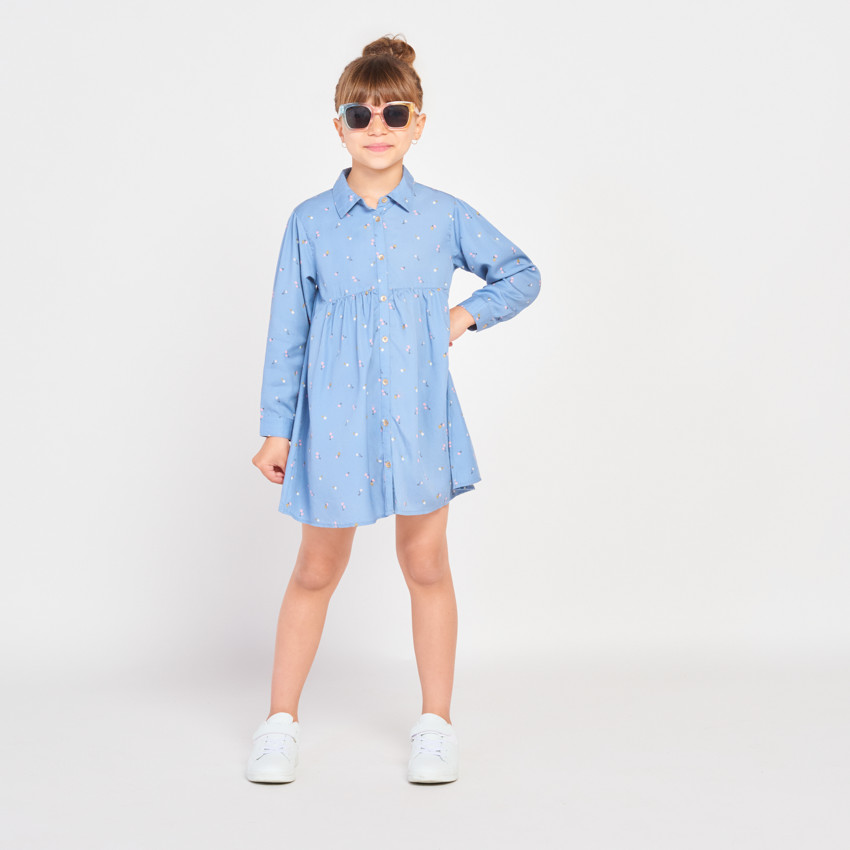 Vestido camisa de manga larga con estampado de flores para niña 