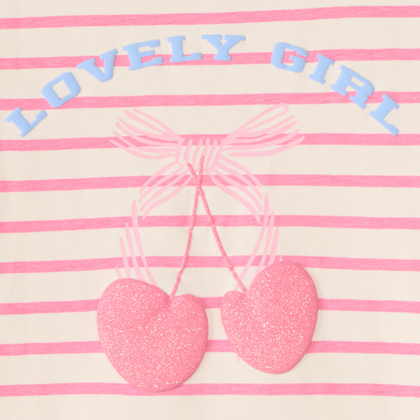 Camiseta de manga corta a rayas con estampado de cereza para niña. 