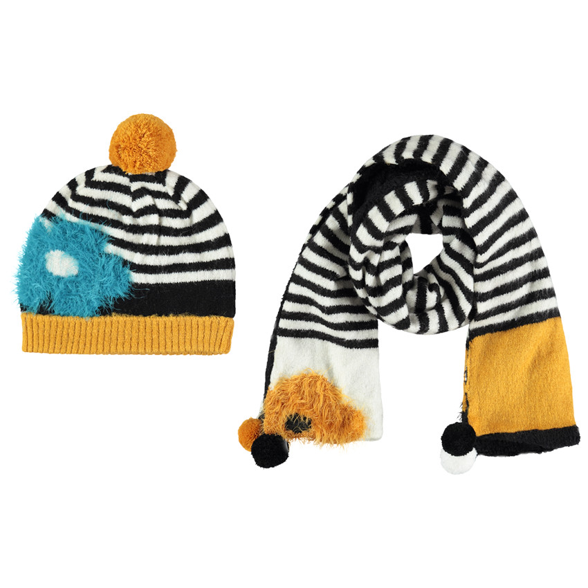 Conjunto de gorro y bufanda de rayas con pompones 