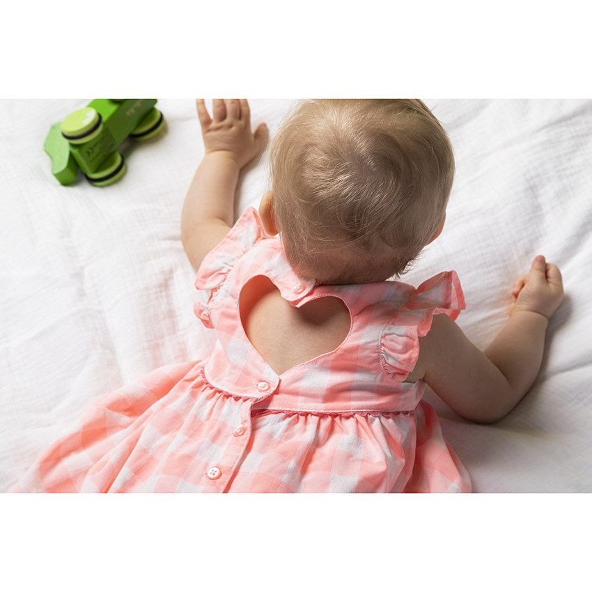 Robe en coton bio à carreaux et fruits brodés 