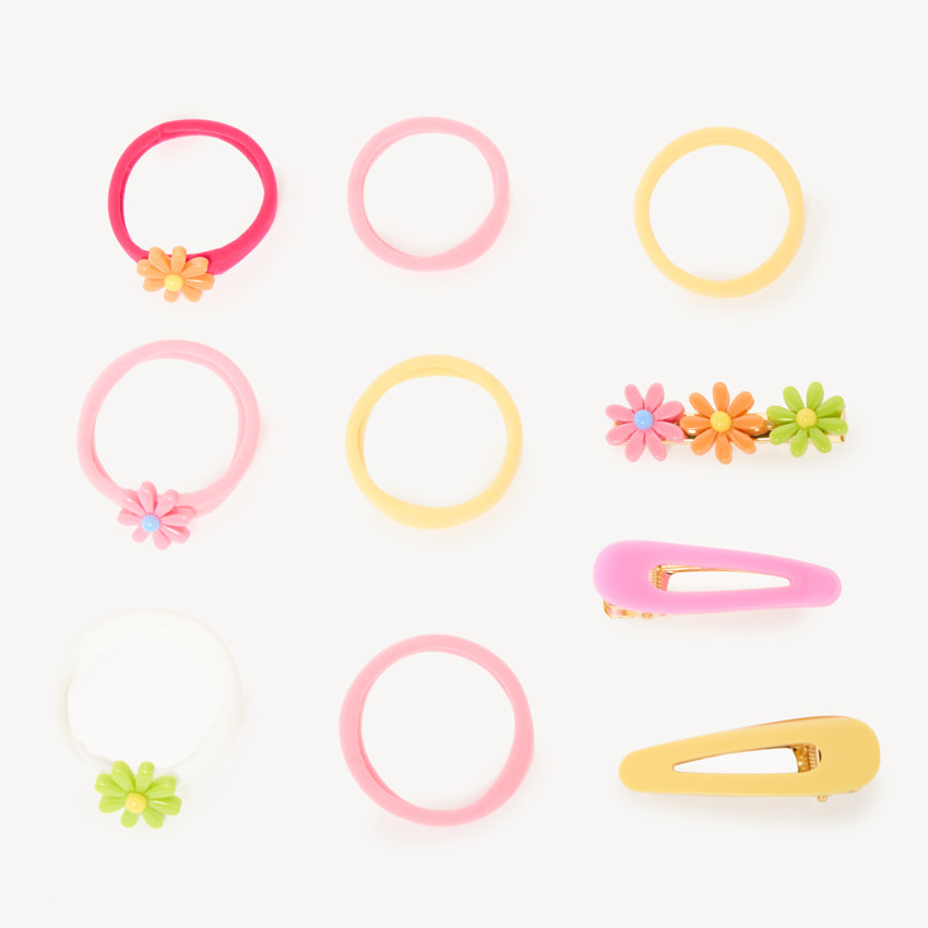Conjunto de 3 horquillas + 7 gomas multicolores para niña 