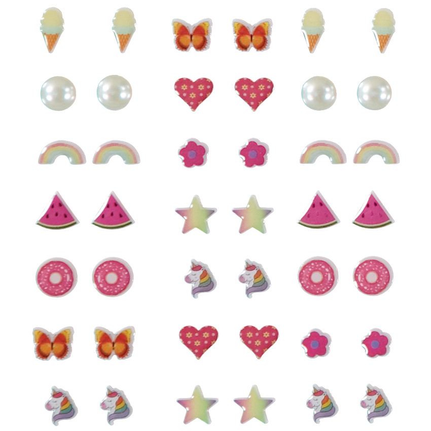 Lote de 21 pares de pendientes adhesivos de fantasía para niña 